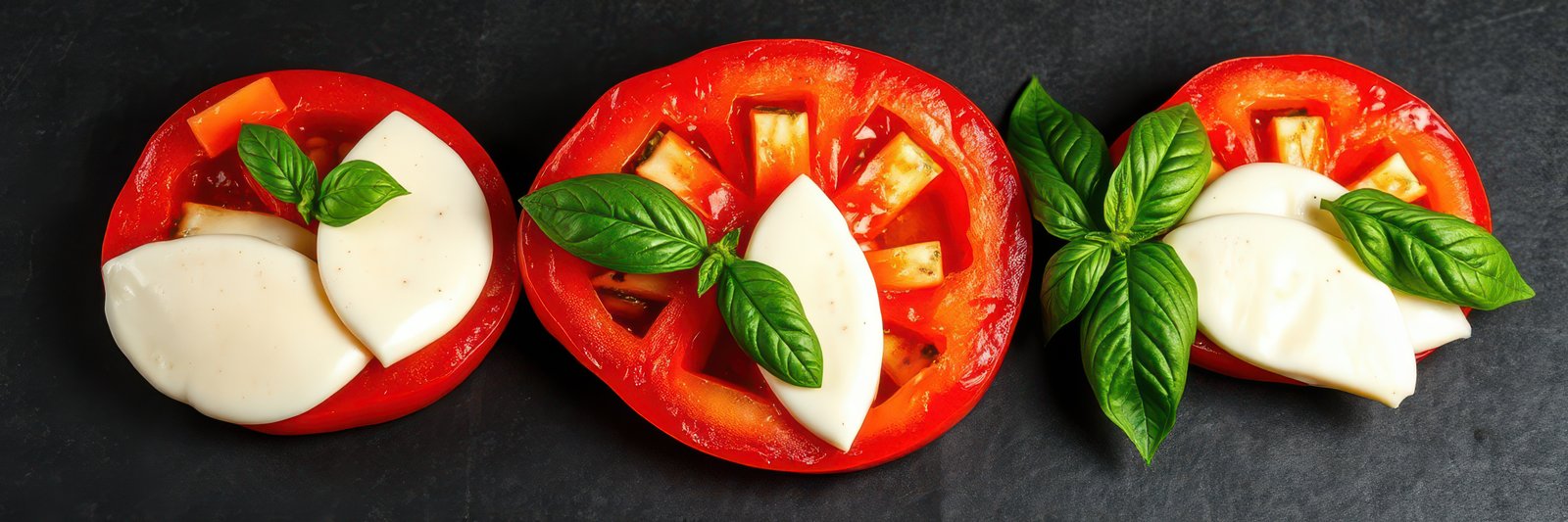 Fresh tomato and mozzarella salad with basil on a dark stone surface